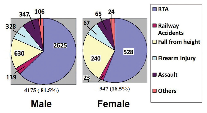 Causative agent of injury among male and female patients