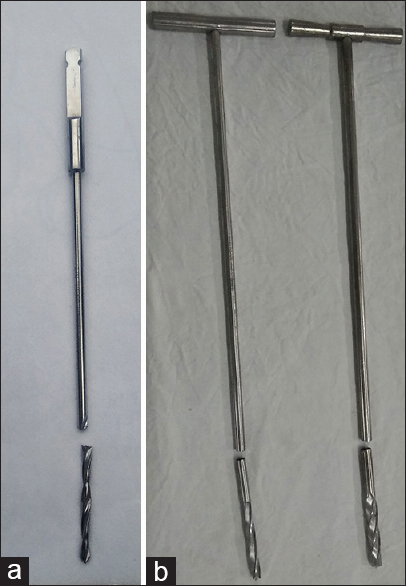 The broken drill bit through proximal threads (a) and two manual intra-medullary reamers broken above the cutting thread region (b)