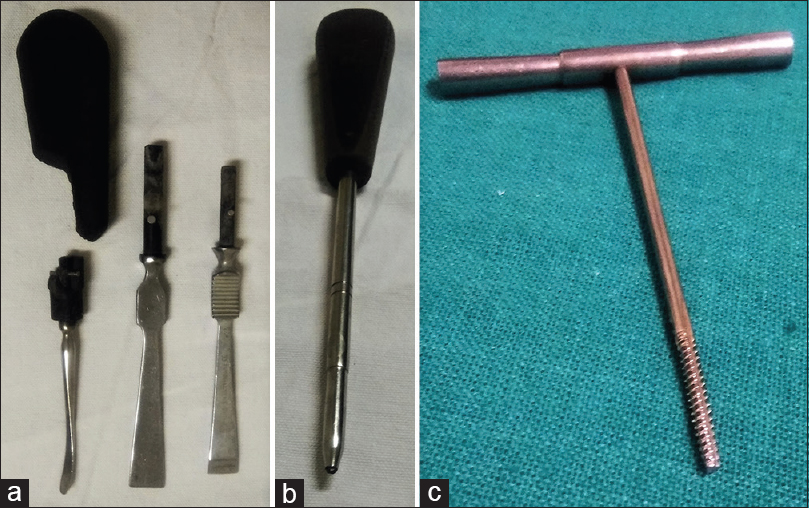 The periosteal elevators with wooden handle broken and its metallic part separated (a), the screw-driver with broken tip (b). The bone tap broken through its thread part (c)