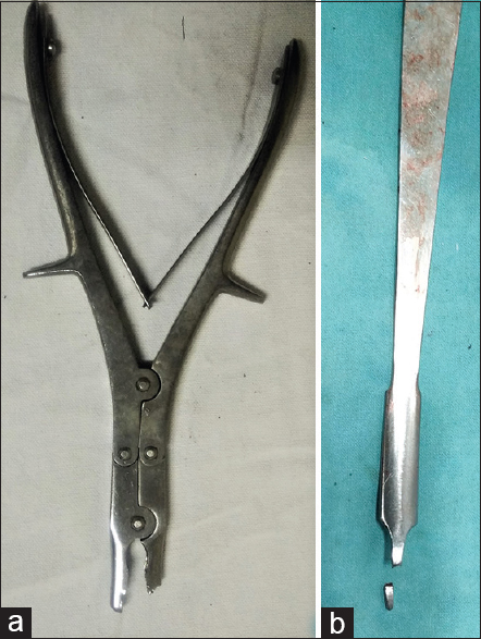 The broken tip of the bone nibbler (a) and the bone lever (b)