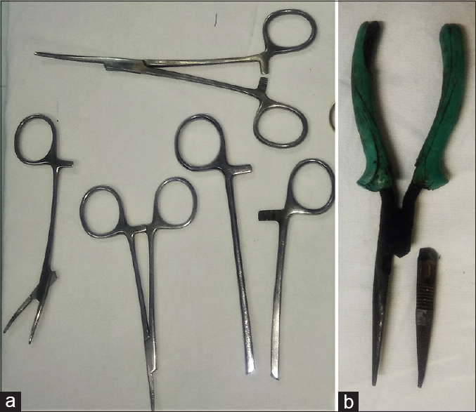 Some broken artery forceps (a) and a nose plier with one broken prong (b)